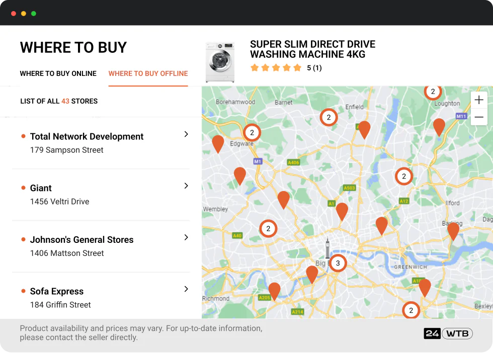 "Where to buy" widget: list of offline stores and map with markers